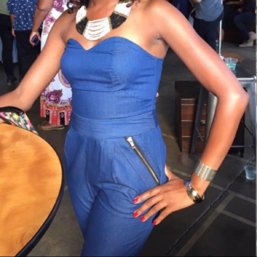 GRACIA Fabulous Chambray Sweetheart Neckline Jumpsuit